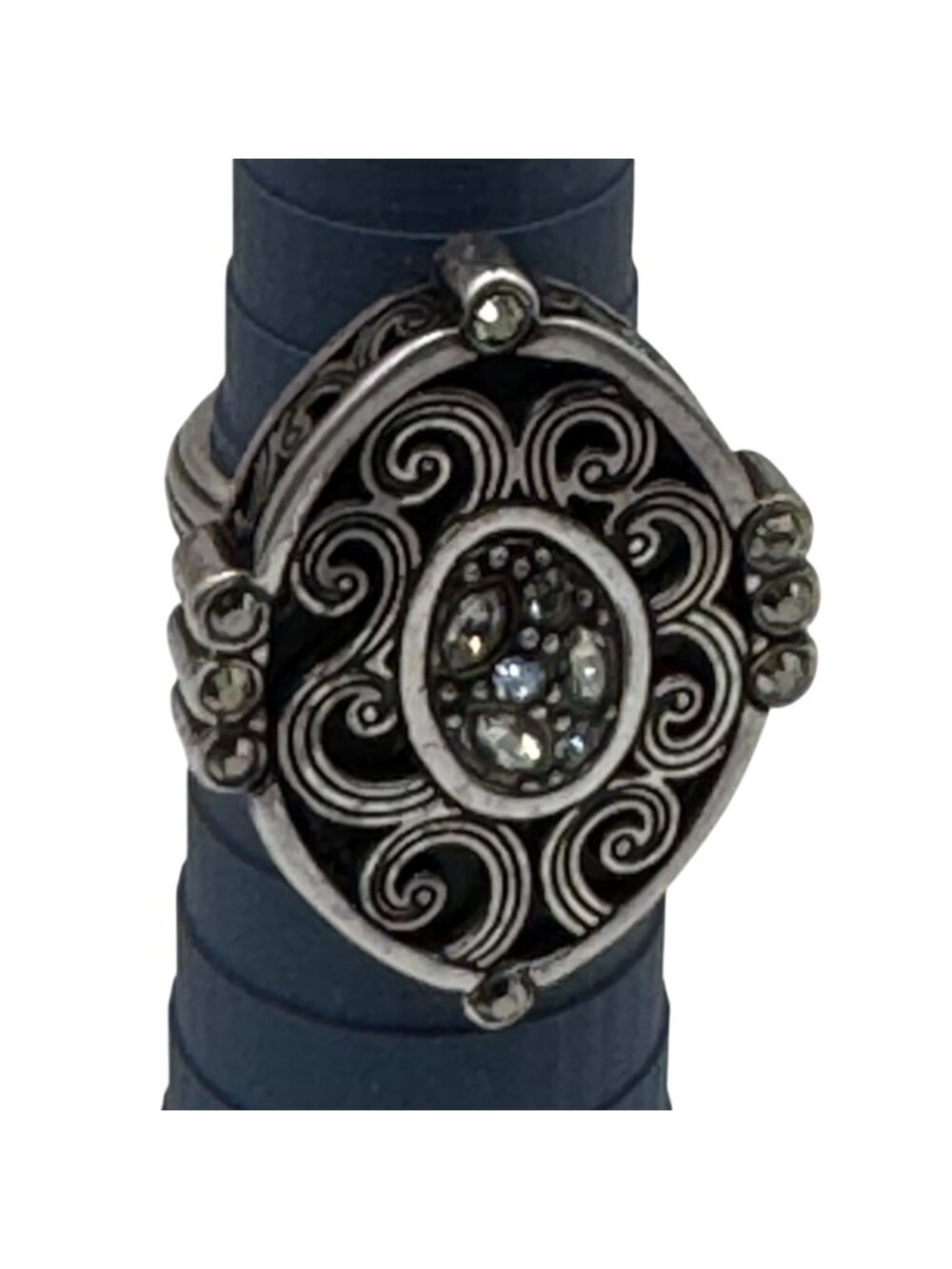 Brighton Silver-Tone Statement Ring Black Onyx Scrollwork Rhinestone Accents S 8
